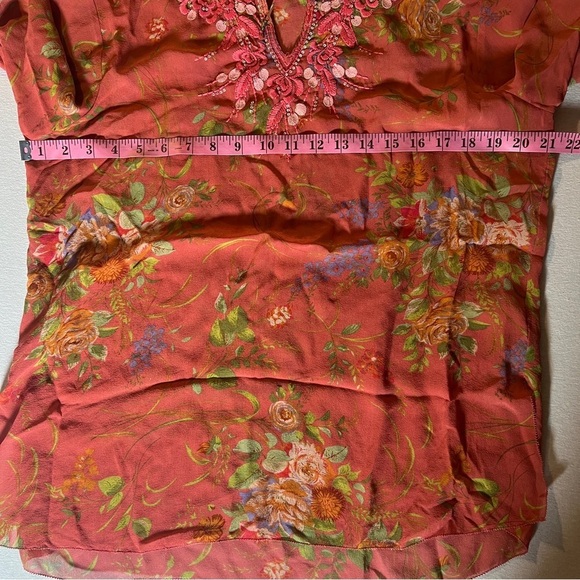 CAbi 100% Silk Large Sheer Pink Floral Long Sleeve Embroidered Rose Fairy Blouse - Picture 6 of 9